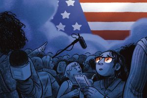 An illustrated crowd gathers below a large American flag, with reporters holding microphones and notepads among them.