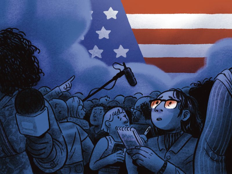An illustrated crowd gathers below a large American flag, with reporters holding microphones and notepads among them.