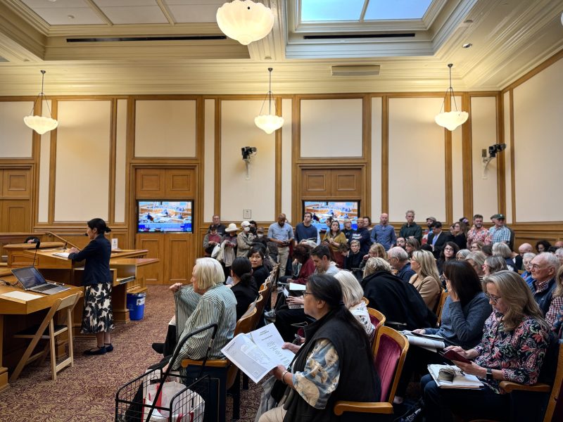 A woman speaks at a podium in a wood-paneled room with chandeliers. Audience members sit and stand, some holding papers. Two screens display images on the wall.