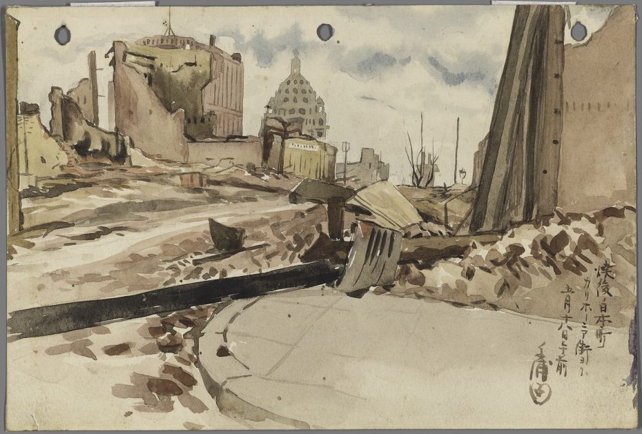 Watercolor painting of a cityscape with damaged buildings, rubble, and debris scattered on the ground; Japanese text is visible in the lower right corner.