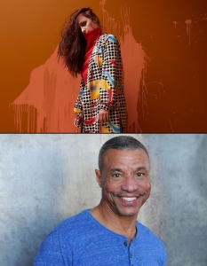 A woman in a colorful patterned outfit stands against an orange wall with paint streaks; below, a man in a blue shirt smiles at the camera, posing in front of a gray background.