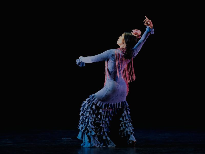 A flamenco dancer in a ruffled dress and shawl strikes a dramatic pose on a dark stage, one arm raised and the other extended to the side. Part of the S.F. International Arts Festival.