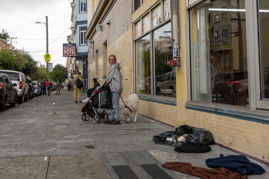 A person with a stroller and a dog stands on a city sidewalk near a building, with scattered clothing and belongings on the ground. Other people are visible further down the sidewalk.