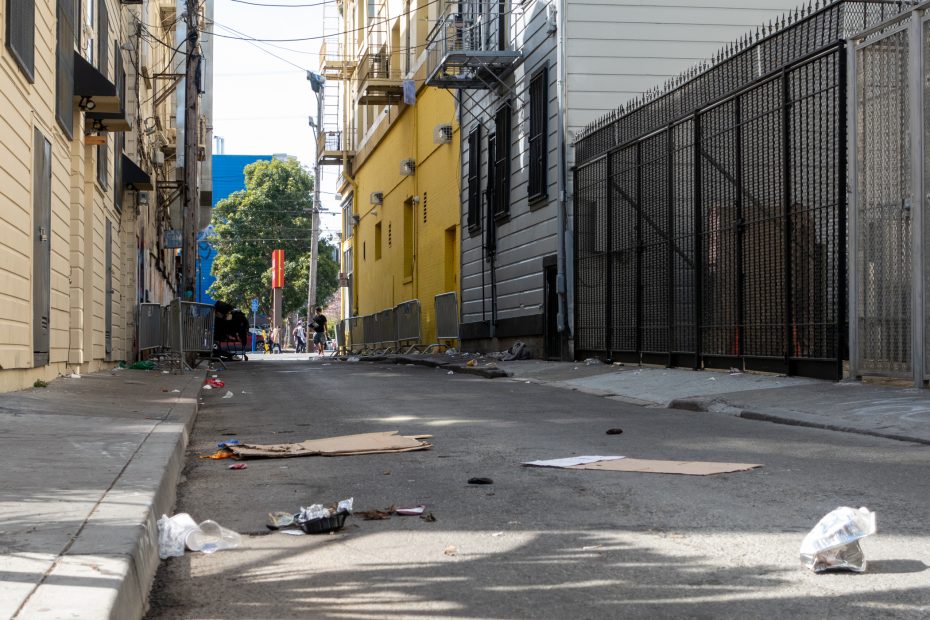 A narrow city alley with scattered litter, cardboard, and trash on the ground, bordered by buildings and a tall fence.