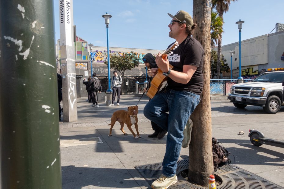 A man wearing sunglasses plays guitar while leaning against a tree on a city sidewalk; a brown dog stands nearby and people walk in the background.