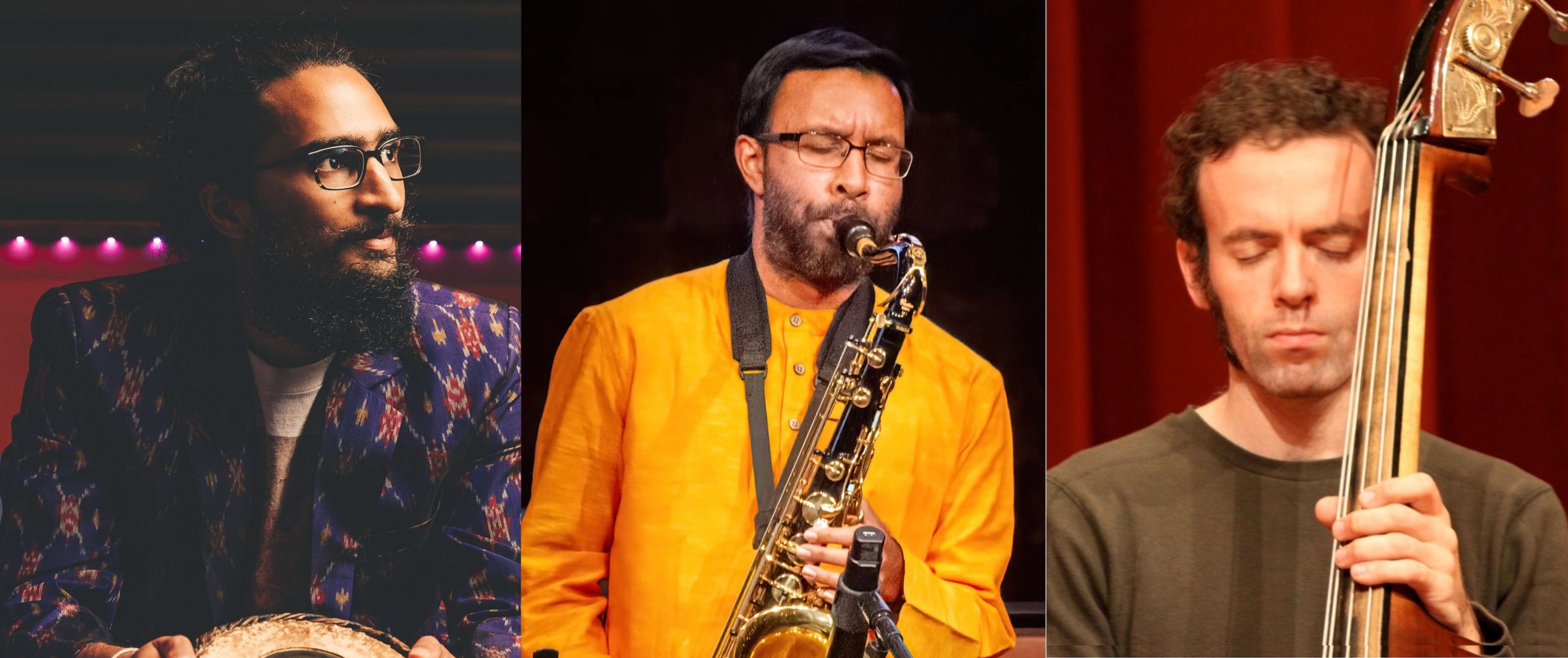 Three men are shown: one looking sideways holding an instrument, one playing a saxophone, and one playing an upright bass with closed eyes.
