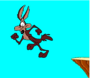 A cartoon coyote, oblivious to his downtown surroundings, is suspended midair after sprinting off a cliff edge against a blue backdrop.