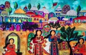 Colorful painting of faceless women in traditional dress holding objects, set against a vibrant, stylized backdrop of buildings, trees, and a kite in the sky.