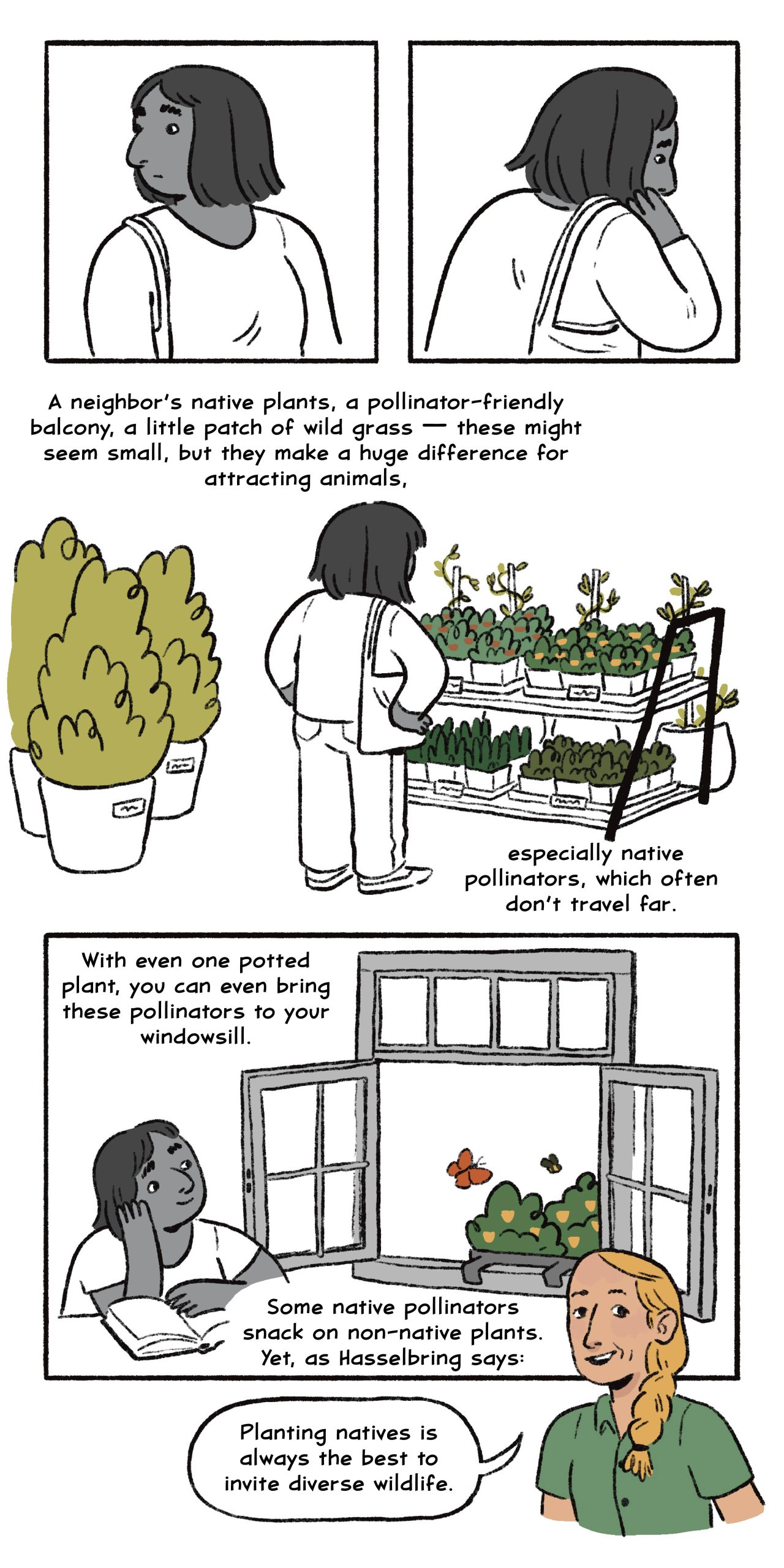A neighbor’s native plants, a pollinator-friendly balcony, a little patch of wild grass — these might seem small, but they make a huge difference for attracting animals, especially native pollinators, which often don’t travel far.

With even one potted plant, you can even bring these pollinators to your windowsill.

Some native pollinators snack on non-native plants. Yet, as Hasselbring says, “planting natives is always the best to invite diverse wildlife.” 
