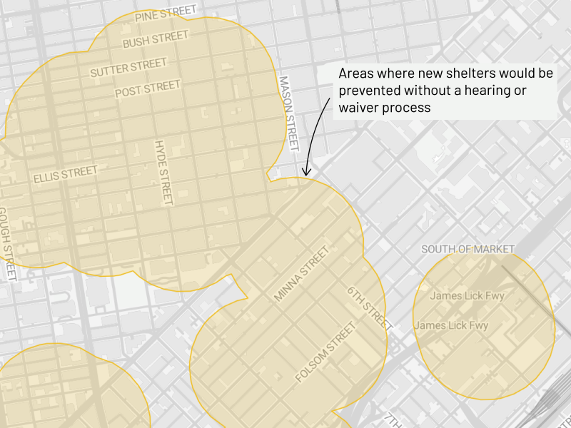 Map showing shaded areas in San Francisco where new shelters would be prohibited without a hearing or waiver process; specific streets and neighborhoods are labeled.