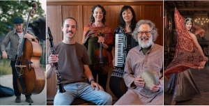 Collage of a double bass player, a group with a clarinet, violin, accordion, and drum, and a dancer in a red shawl.