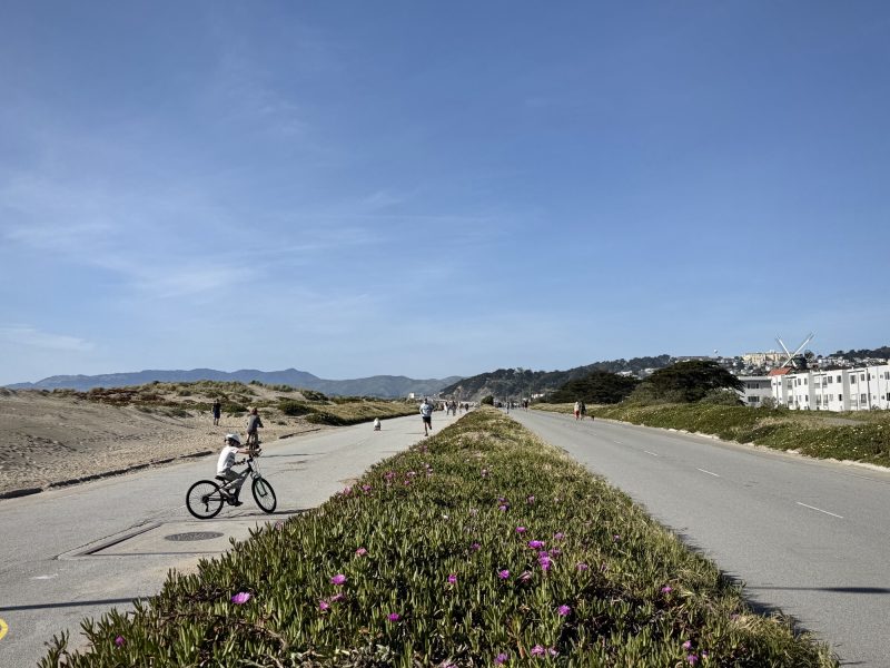 Wide road flanked by vegetation and sand dunes under a clear blue sky. A child rides a bicycle on a paved path. Hills and buildings are visible in the background.