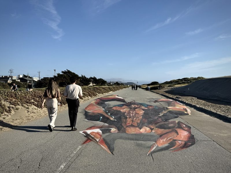 A couple walks on a coastal path with a large crab mural painted on the ground.