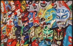 A colorful display of various lucha libre wrestling masks arranged closely together, showcasing different designs and patterns.