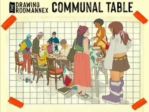 Illustration of a group of people gathered around a table, drawing and interacting, with "The Drawing Room Annex Communal Table" text on a grid-patterned background.