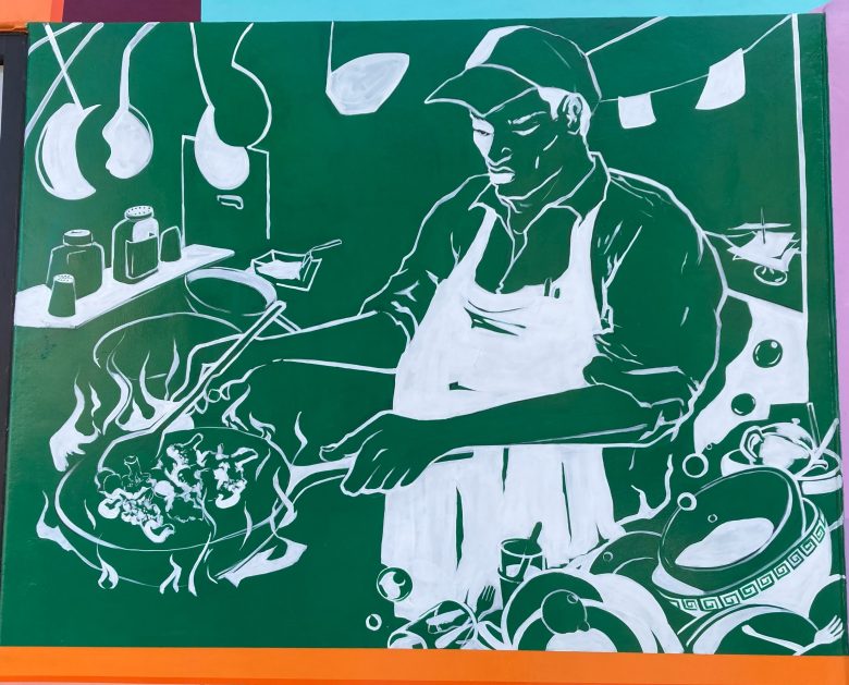 Illustration of a cook wearing an apron and cap, preparing food in a pan over a stove, surrounded by kitchen utensils and cookware.