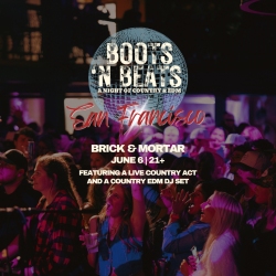 A crowd enjoys a live country and EDM event at Brick & Mortar in San Francisco, with event details overlaid on the image.