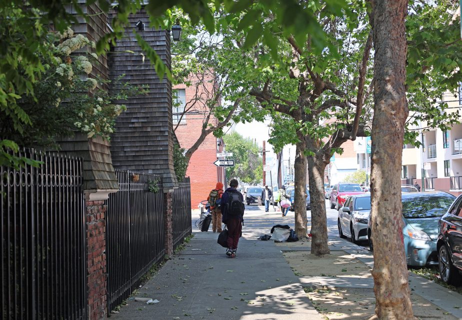 People walk on a tree-lined sidewalk next to parked cars and buildings on a sunny day in an urban neighborhood.