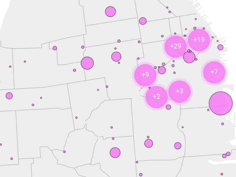 A map displays several regions marked by pink circles of varying sizes, with numbers inside indicating values such as +29, +19, +9, +7, +3, and +2.