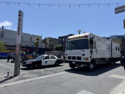 A police car and a large mobile command vehicle are parked in a city plaza near a sign reading โ16th St Missionโ on a sunny day.