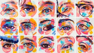 A grid of 16 portraits features colorful, abstract illustrations of human eyes, each surrounded by bold, vibrant brushstrokes in pink, blue, orange, and yellow.