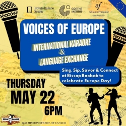 Event poster for "Voices of Europe: International Karaoke & Language Exchange" at Bissap Baobab on Thursday, May 22 at 6pm, promoting Europe Day celebration.