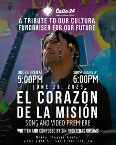 A person with braids and beads stands in front of a colorful mural. Event details for "El Corazón de la Misión" premiere and fundraiser are overlaid on the image.