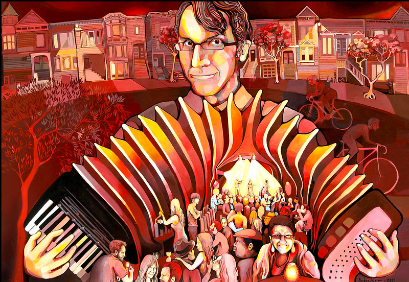 A man holding a large accordion with a crowd of people and a stage inside it; houses, trees, and cyclists appear in the background, with an overall red color scheme.