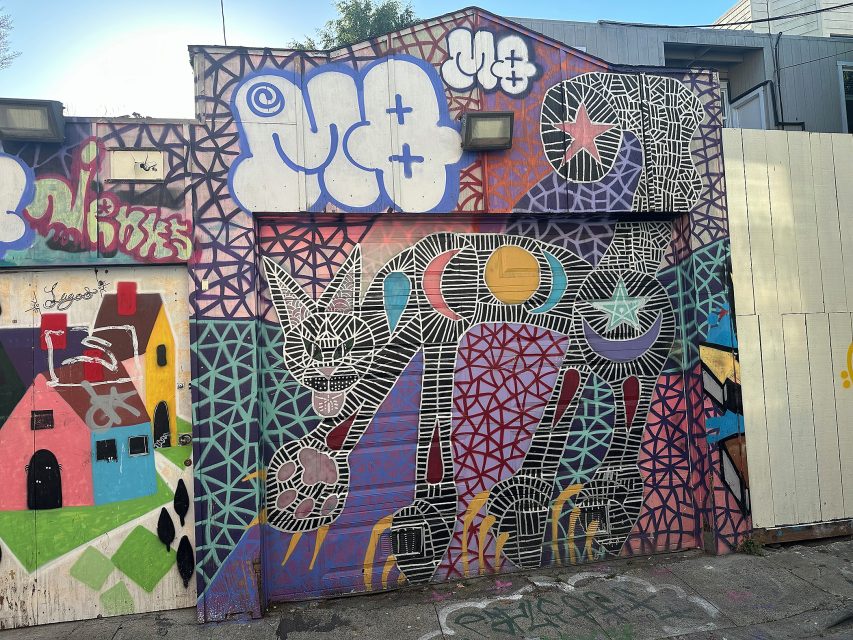A garage door covered in colorful street art featuring a geometric, abstract cat with cosmic shapes and patterns alongside graffiti tags and painted houses.