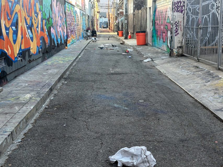 A narrow urban alley with colorful graffiti on one wall, scattered trash on the ground, and a person with a cart in the distance.