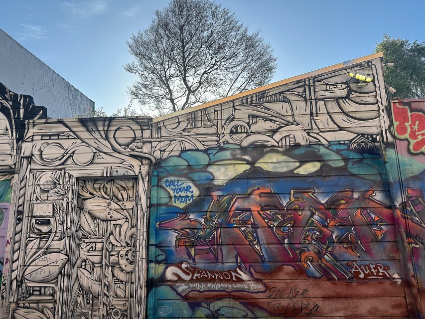 A wall covered in detailed black and white mural art and colorful graffiti, with a leafless tree and clear blue sky in the background.