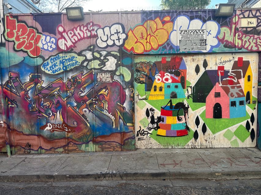 A graffiti-covered wall features colorful tags, a painted blue tiger, and bright geometric houses on a garage door, all set along a concrete sidewalk.