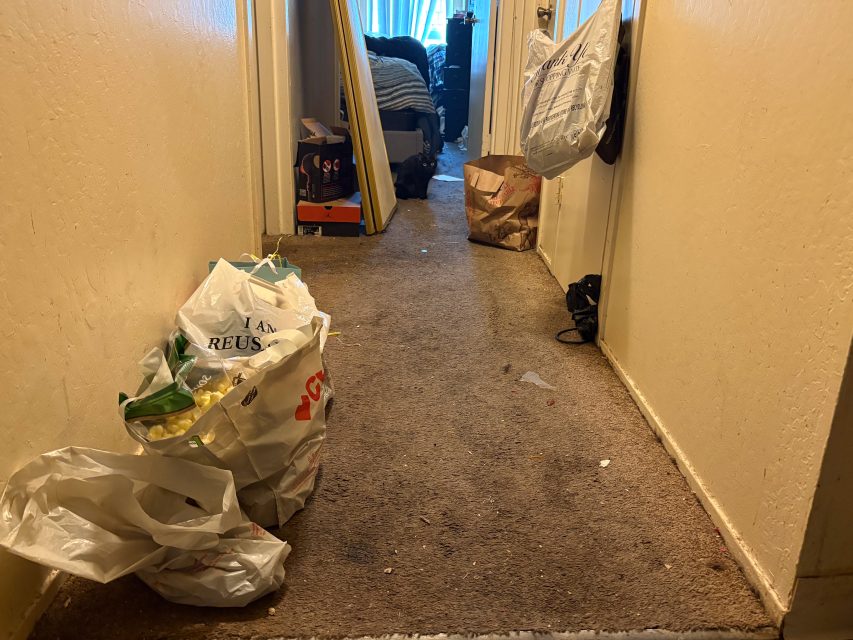 A hallway with beige carpet and walls, scattered grocery bags, a hanging package, and clutter near the door leading to a room with a bed.