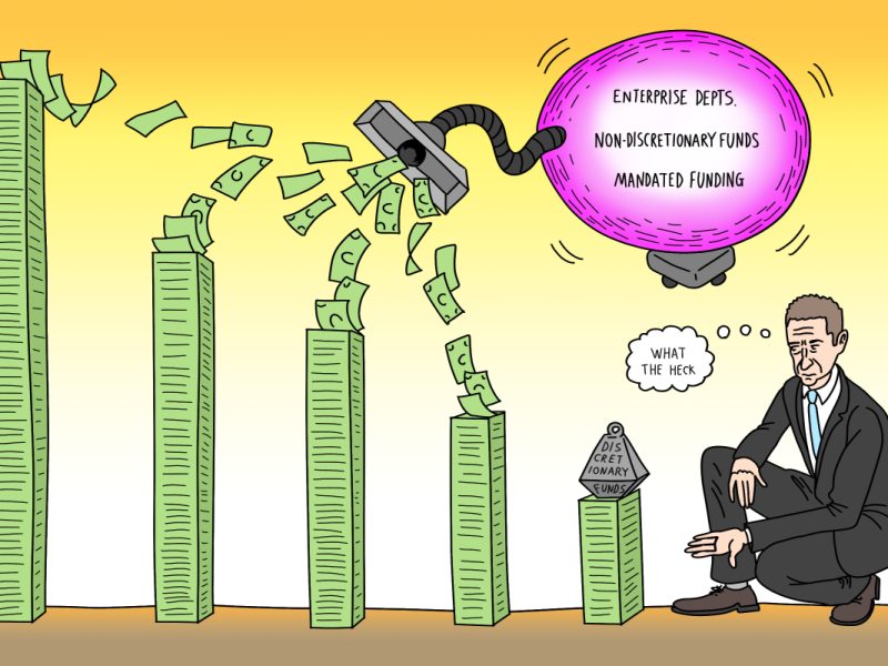 A man in a suit looks at short stacks of money while a vacuum labeled "Enterprise Depts., Non-Discretionary Funds, Mandated Funding" sucks bills from higher stacks.