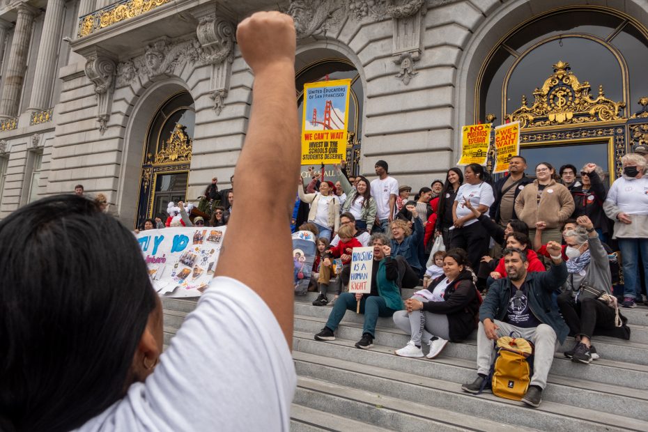 A person raises a fist in front of a group gathered on building steps, holding signs and banners in what appears to be a protest or demonstration.