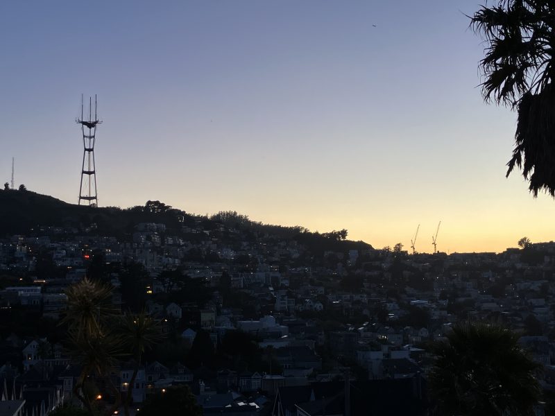 View of a city hillside at dusk with Sutro Tower on the left, construction cranes on the right, and palm trees silhouetted in the foreground.