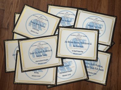 A pile of framed certificates from the California Journalism Awards, presented to various Mission Local writers for different reporting categories, displayed on a wooden floor.