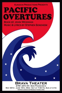 Poster for "Pacific Overtures" at Brava Theater, featuring stylized waves, red sky, and white stars. Details include dates, venue, and creators John Weidman and Stephen Sondheim.