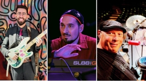 Three musicians pose separately: one holding a guitar, one playing a keyboard, and one sitting at a drum set.