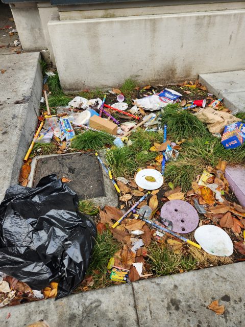Litter including food containers, wrappers, plastic utensils, and a black trash bag scattered on a grassy area beside a sidewalk and curb.