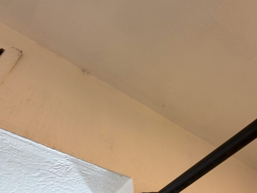 A corner of a room showing a beige wall meeting a white ceiling with a black bar in the lower right corner.