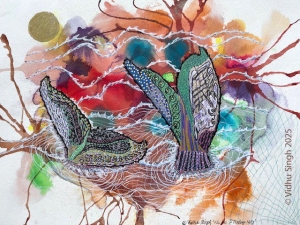 Abstract artwork featuring two patterned whale tails emerging from swirling water, with a colorful, textured background and tree-like forms. The image is signed "Vidhu Singh 2025.