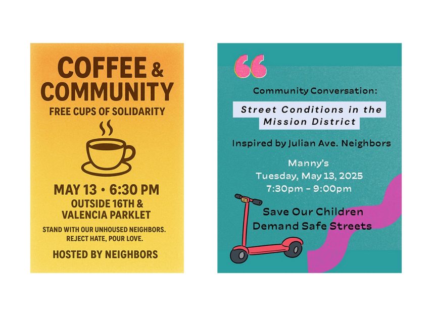 Two event flyers: one for a free coffee meetup on May 13 at 6:30 PM, the other for a community conversation on street conditions on May 13 at 7:30 PM.