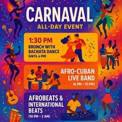 Colorful poster for an all-day Carnaval event featuring brunch with bachata dance, an Afro-Cuban live band, and Afrobeats & international music.