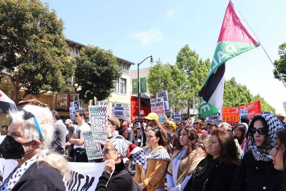 A crowd of people, many wearing black and white keffiyehs, hold signs and a large Palestinian flag at an outdoor protest on a sunny day.