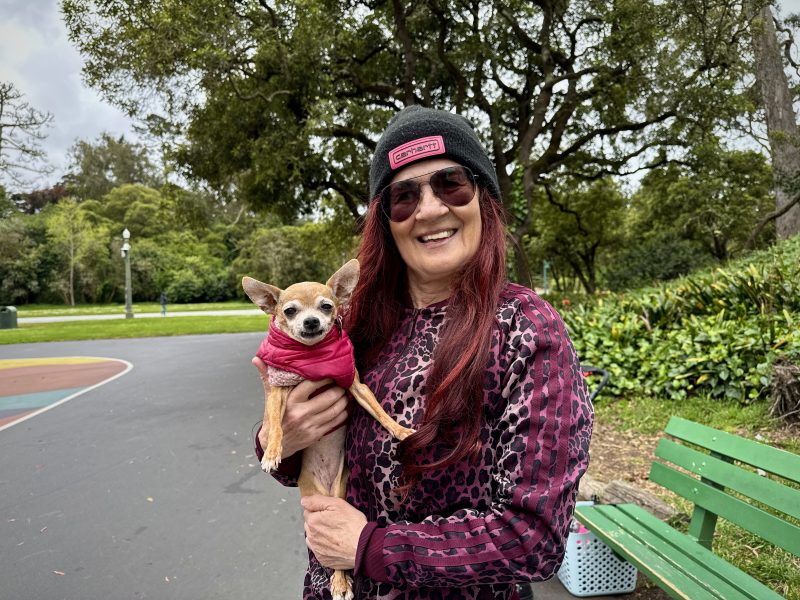 A woman wearing sunglasses and a beanie holds a small dog in a pink sweater, standing on a paved path in a park with trees and a green bench nearby.