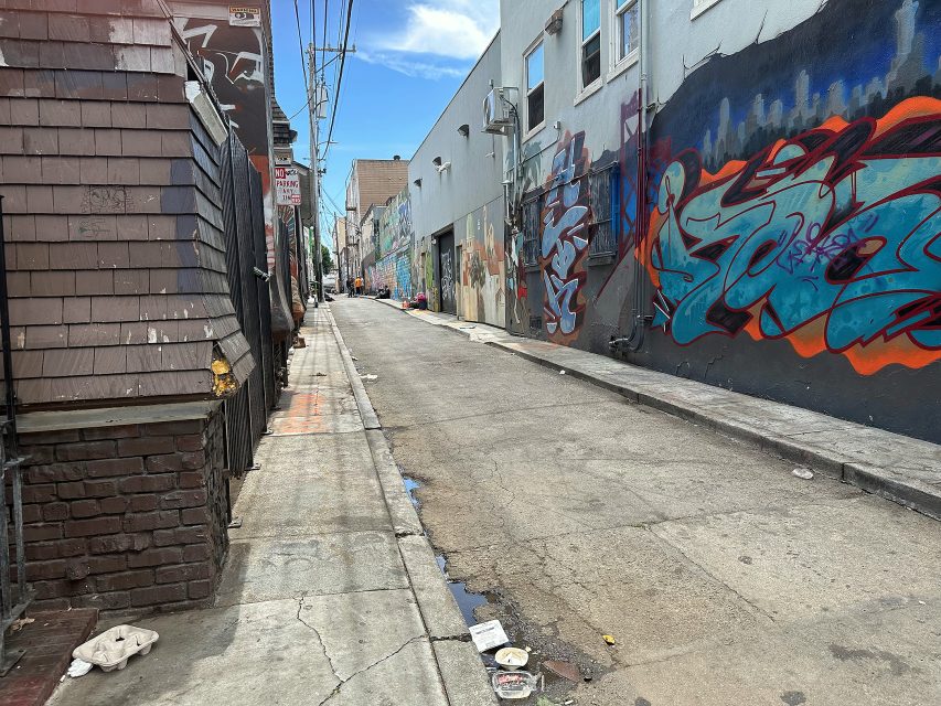 A narrow urban alleyway lined with graffiti-covered walls, litter scattered on the ground, and overhead utility wires against a partly cloudy sky.