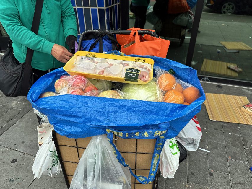 A cart covered with a blue bag contains packaged meat, apples, oranges, cabbage, and other groceries. A person in a green jacket stands nearby on a city sidewalk.