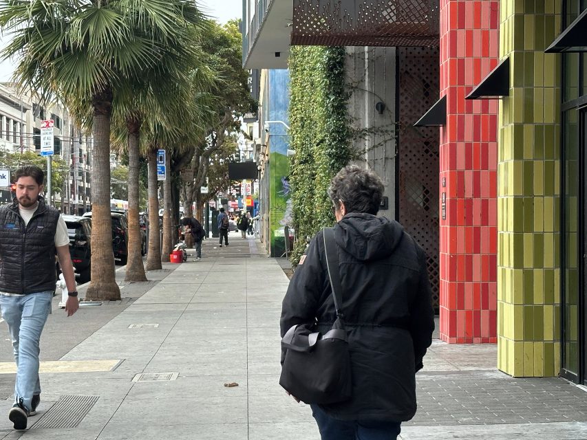 A person wearing a black jacket and carrying a bag walks down a city sidewalk lined with palm trees and colorful tiled buildings.