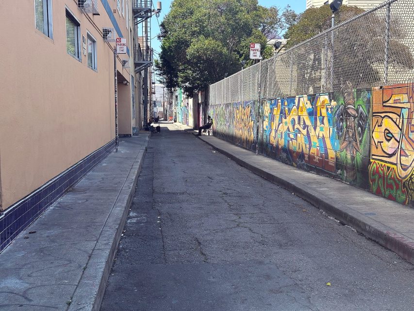 A narrow urban alleyway with graffiti-covered walls, a chain-link fence, and a beige building on the left; trees and signs are visible in the background.